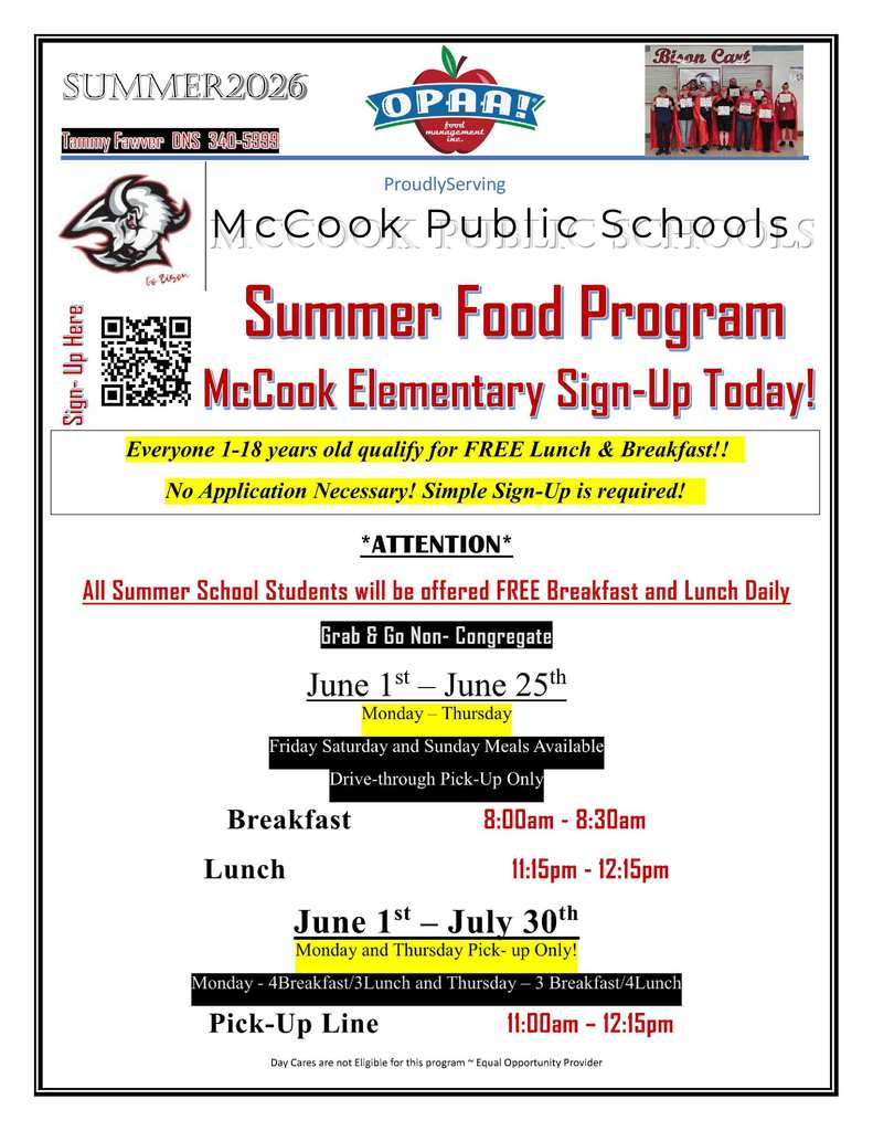 McCook Public Schools is participating in the Summer Food Program for Summer 2026!  A simple sign up is required.