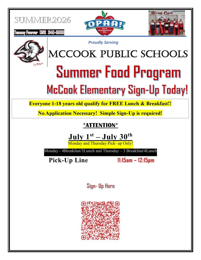 McCook Public Schools July Summer Food Program sign up is available! Sign up via this link or use the QR code on the graphic: https://forms.gle/TDXDCeJdRNgQrURx5