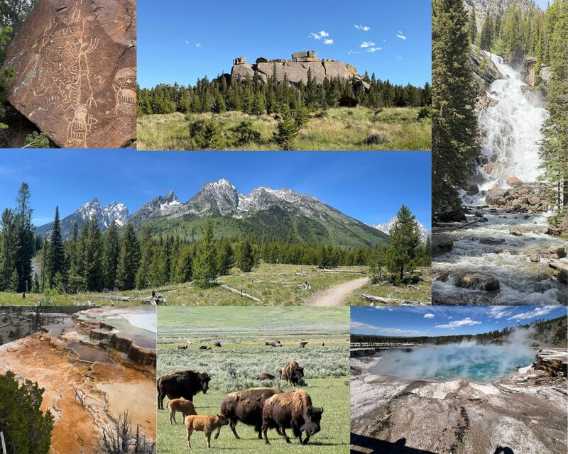 Photo collage of waterfalls, mountains, geysers, carvings and buffalo taken on the Science & History trip through Wyoming and South Dakota.