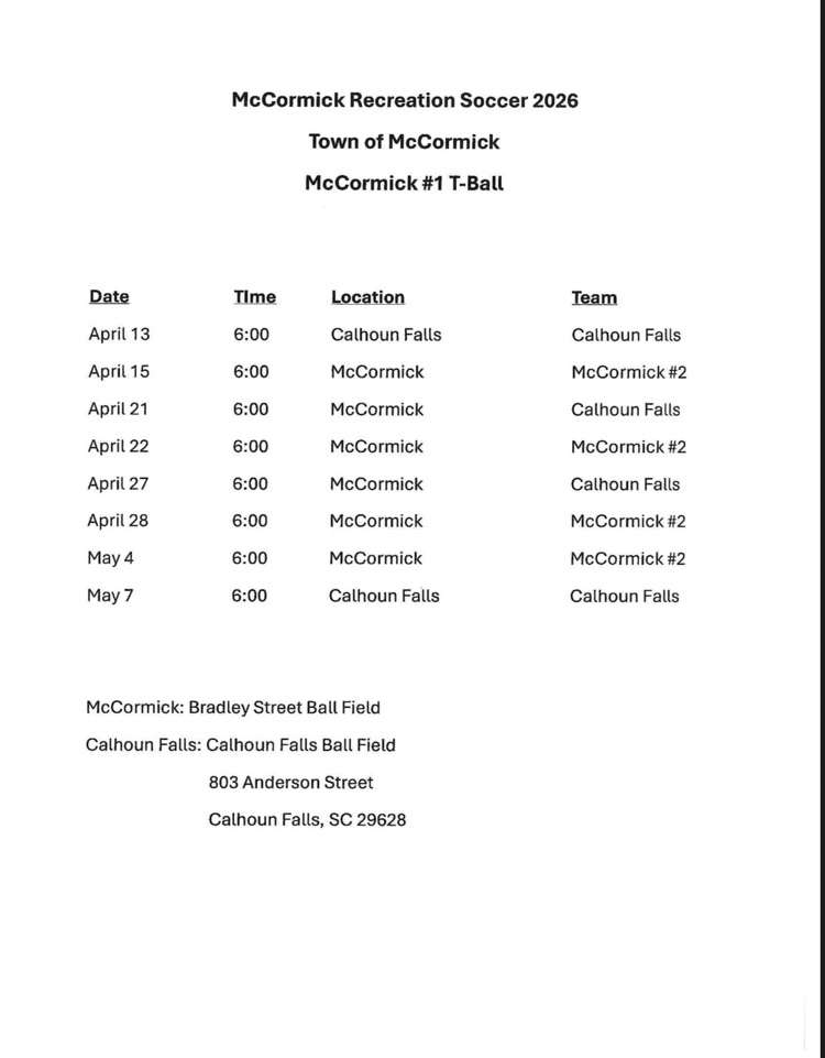 2026 McCormick Recreational Baseball Schedule