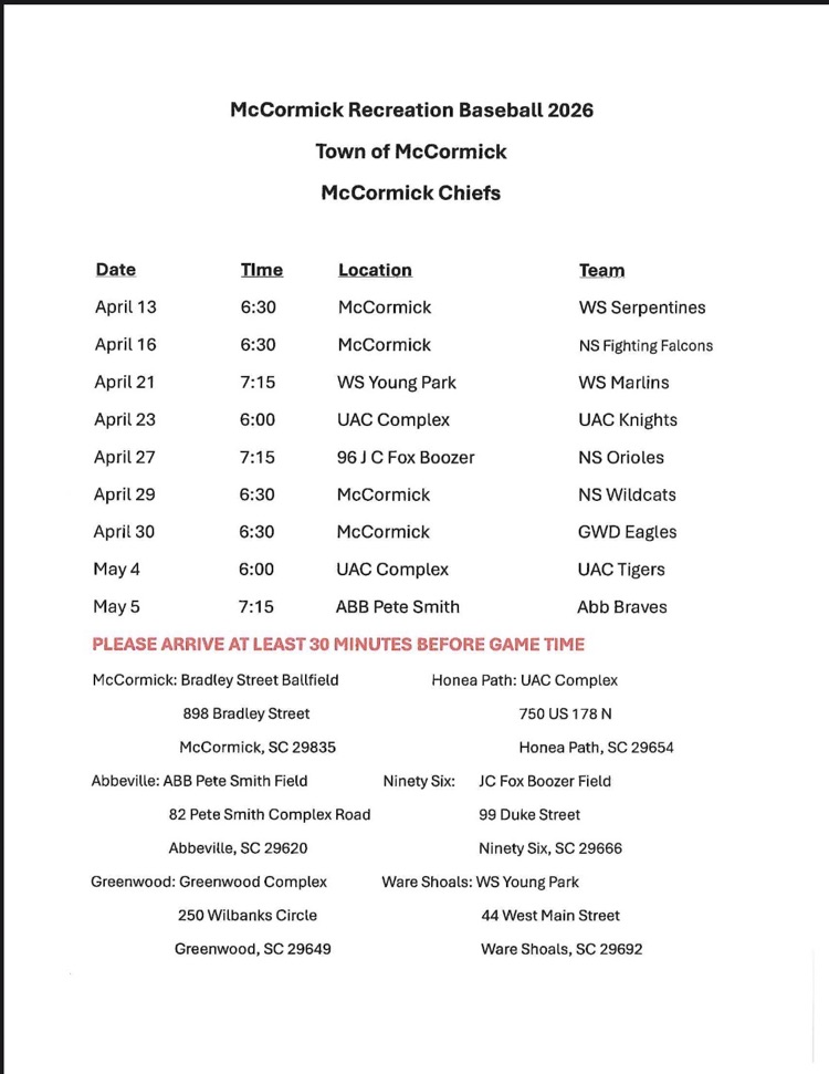 2026 McCormick Recreational Baseball Schedule