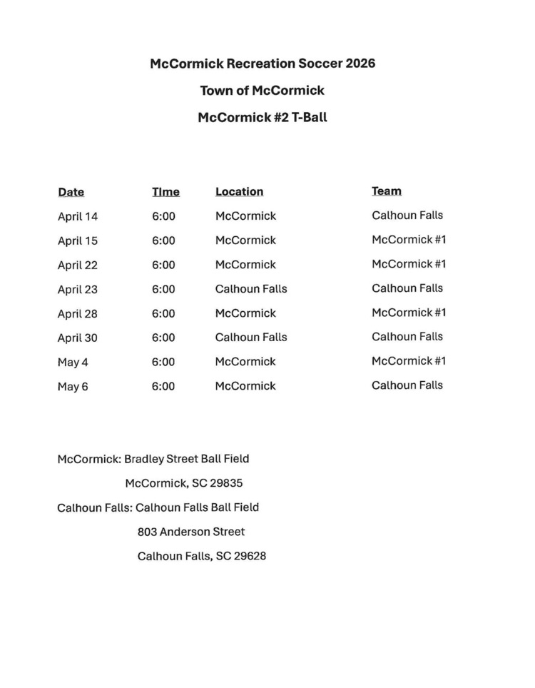 2026 McCormick Recreational Baseball Schedule 