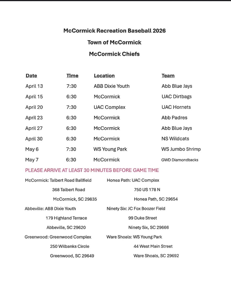 2026 McCormick Recreational Baseball Schedule 