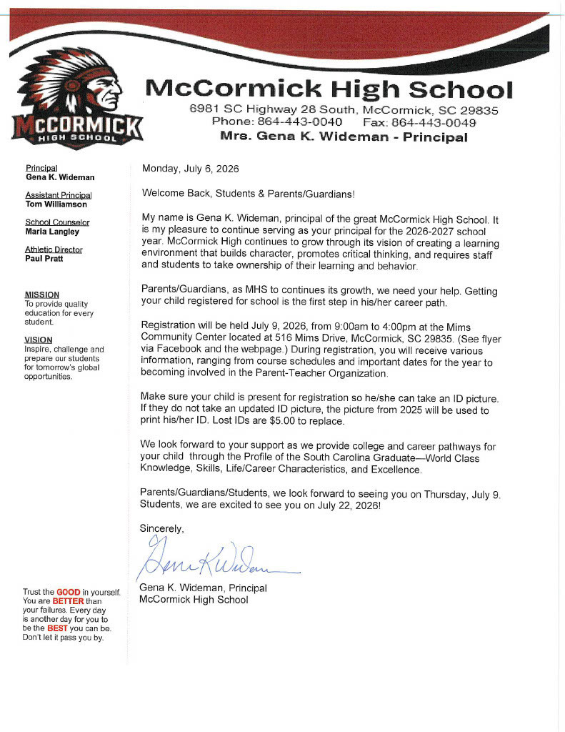 Welcome Back Letter