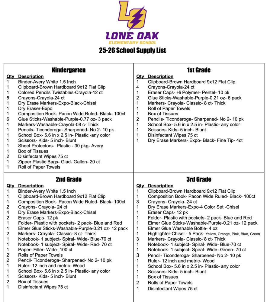 School Supply List