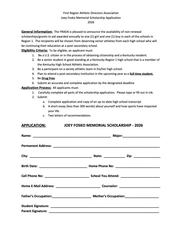 FRADA Joey Fosko Scholarship App 2026