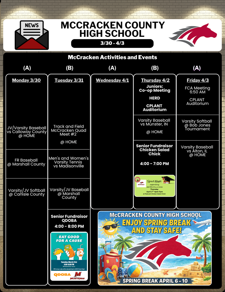 Mustang Weekly Calendar for March 30 - April 3, 2026.