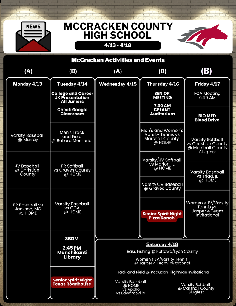 Mustang Weekly Calendar for April 13 - April 18, 2026.