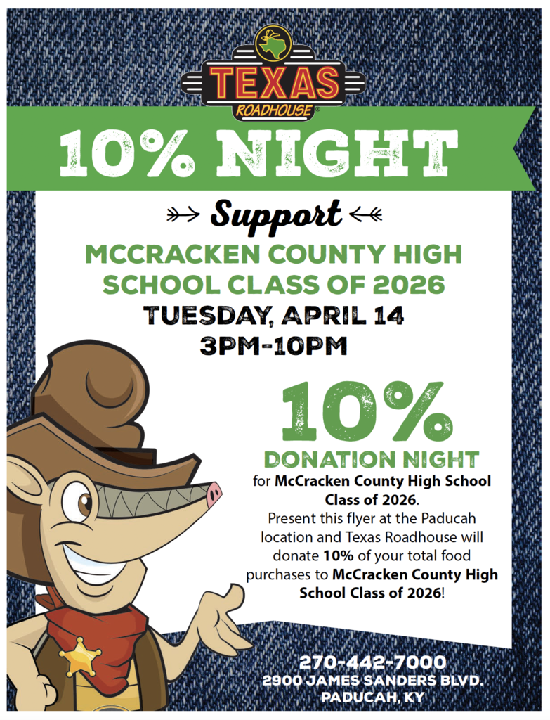 Senior Spirit Night - Tuesday, April 14th at Texas Roadhouse from 3-10. 