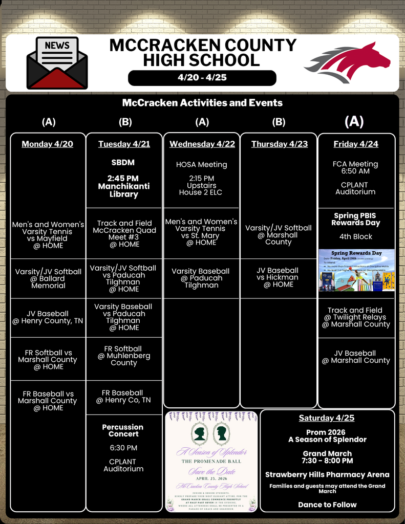 Mustang Weekly Calendar for April 20 - April 25, 2026.