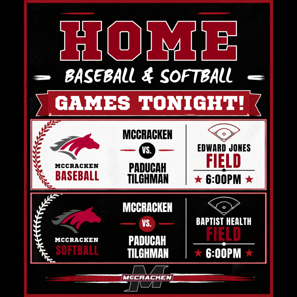 Mustangs, we’ll see you at the ballparks tonight! ⚾🥎 McCracken plays Tilghman in both baseball and softball. 