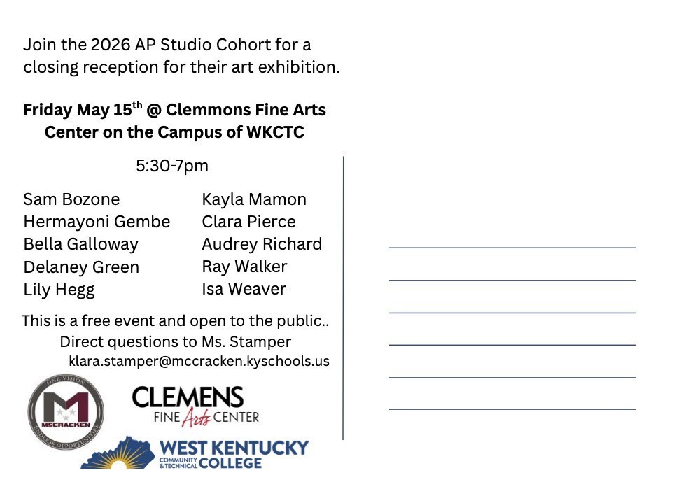 🎨 You’re Invited! AP Studio Capstone Show 📅 May 15 | ⏰ 5:30–7 PM 📍 Clemmons Fine Arts Center Free event + light refreshments—bring friends & family! Can’t make it? The show is up May 5–15.