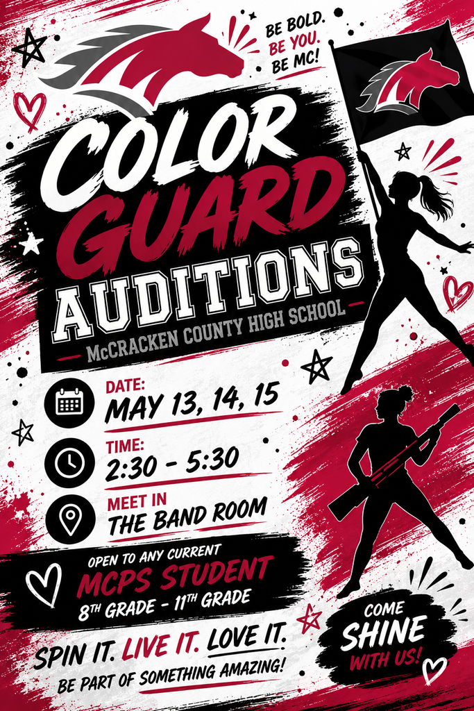 Interested in performing, school spirit, and learning new skills? Join the McCracken County High School Color Guard! 📅 Tryouts: May 13, 14 & 15 ⏰ Time: 2:30 – 5:30 PM 📍 Meet in the Band Room 👥 Open to all current MCPS students in grades 8–11 Come be part of the excitement, teamwork, and tradition of Mustang Pride! ❤️🖤🤍 #McCrackenProud