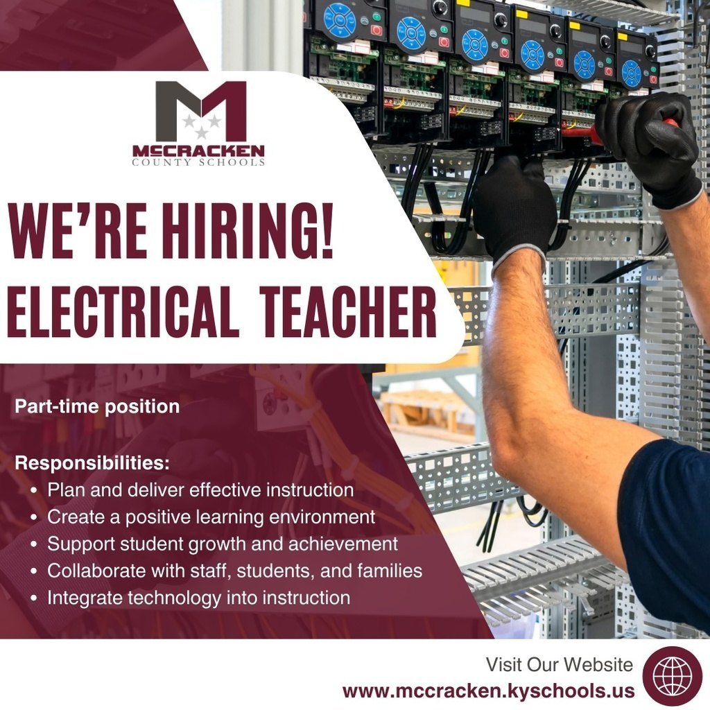 ⚡ We’re Hiring an Electrical Teacher! McCracken County High School is seeking a part-time Electrical Teacher to help students develop hands-on skills and prepare for careers in the electrical and skilled trades industries.  ✅ Teach practical, career-ready skills ✅ Inspire the next generation of skilled workers ✅ Be part of a supportive school community  📍 Learn more and apply at: https://mccracken.schoolspring.com