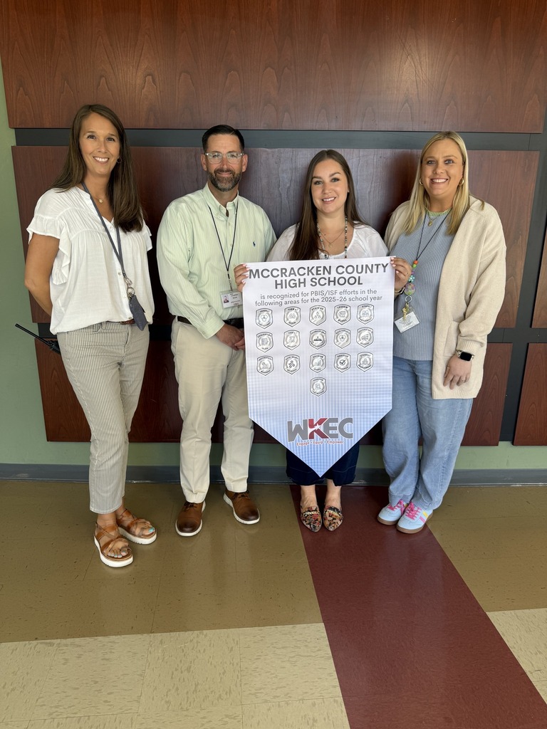 McCracken County High School is proud to be recognized by the West Kentucky Education Cooperative during the Recognition Road Trip for our work in supporting the whole child through strong social-emotional-behavioral systems.  We were honored to receive banners recognizing our commitment to strong PBIS implementation and our ongoing efforts to build systems that support students’ social, emotional, and behavioral success. Congratulations to our PBIS Leadership Team for accepting this award!