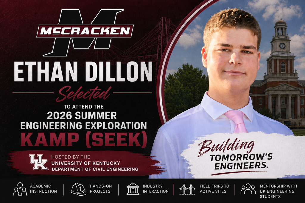 Congratulations to MCHS junior Ethan Dillon on being selected for the prestigious 2026 Summer Engineering Exploration KAMP (SEEK) at the University of Kentucky!