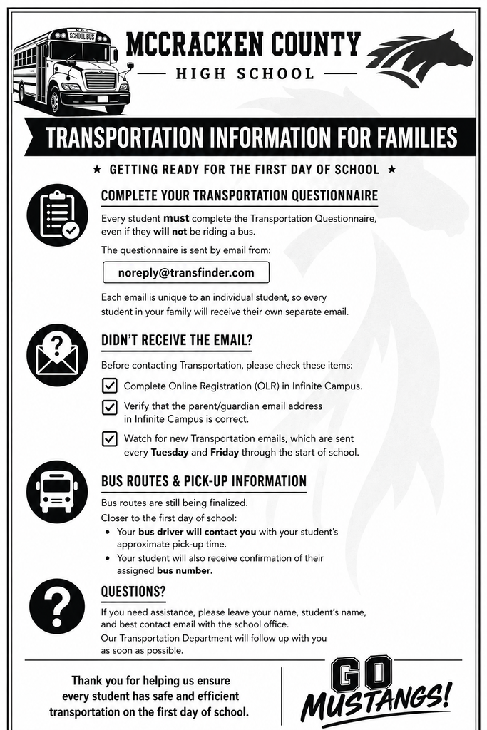 🚌 Transportation Reminder Please check your email and complete the Register to Ride form. Every family must complete the form—even if your student will not be riding the bus. The email will come from McCracken County Transportation at noreply@transfinder.com. Thank you for helping us prepare for the new school year!