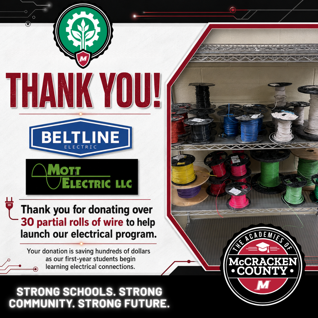 A huge THANK YOU to Beltline Electric and Mott Electric for investing in our students and helping us get our electrical program off to a strong start! ⚡️🛠️ Together, they donated more than 30 partial rolls of electrical wire, providing hundreds of dollars in savings as our first-year students begin learning electrical connections and building hands-on skills. Community partnerships like these give our students the opportunity to learn with real materials while preparing for real-world careers. We are incredibly grateful for their support of our students and our growing programs! ❤️⚡️ Strong Schools. Strong Community. Strong Future.