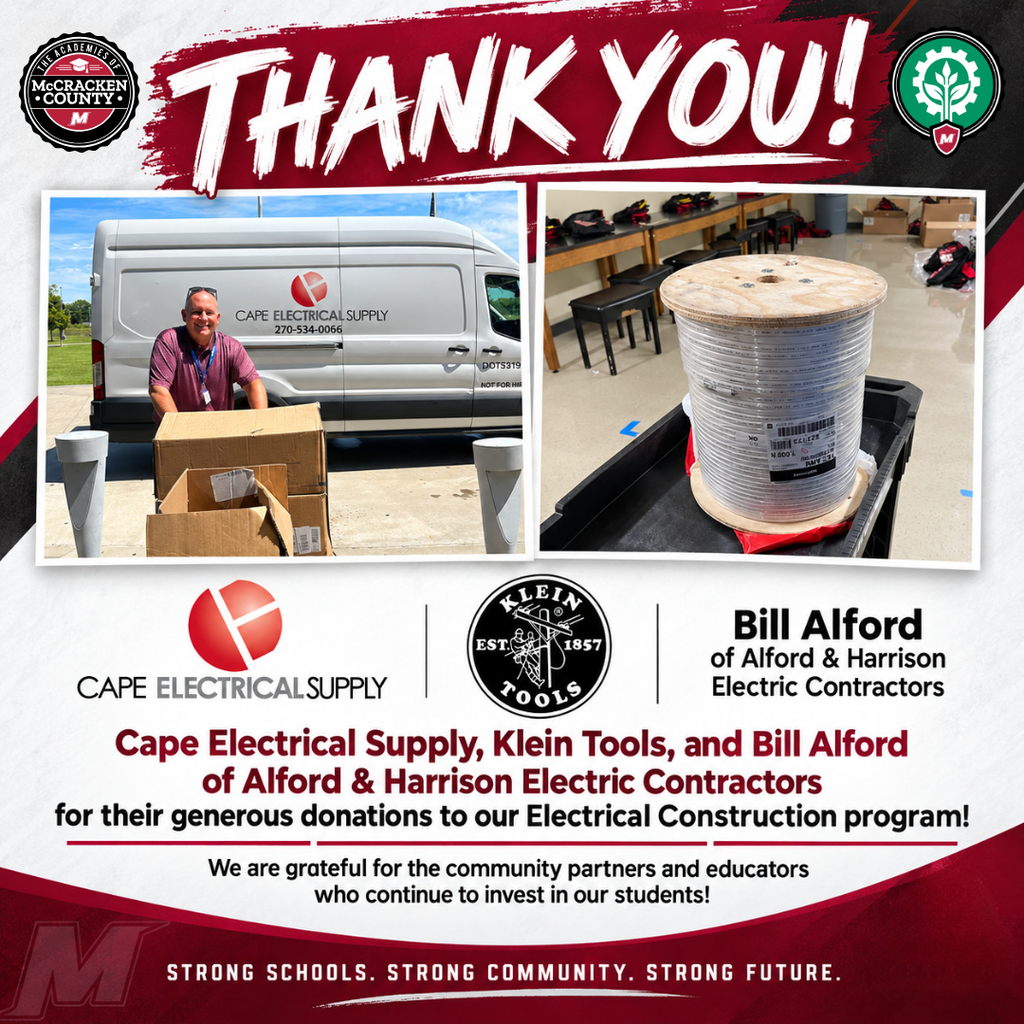 ⚡️ A big THANK YOU to Cape Electrical Supply, Klein Tools, and Bill Alford of Alford & Harrison Electric for their generous donations to our Electrical Construction program! These donations help give our students the opportunity to learn by doing—using real tools and materials to build skills through hands-on experiences in the classroom. We are also incredibly thankful for Mr. Joel Crider, who brings a wealth of knowledge and experience to the classroom each day as he teaches and prepares our students for the future. We are grateful for the community partners and educators who continue to invest in our students!
