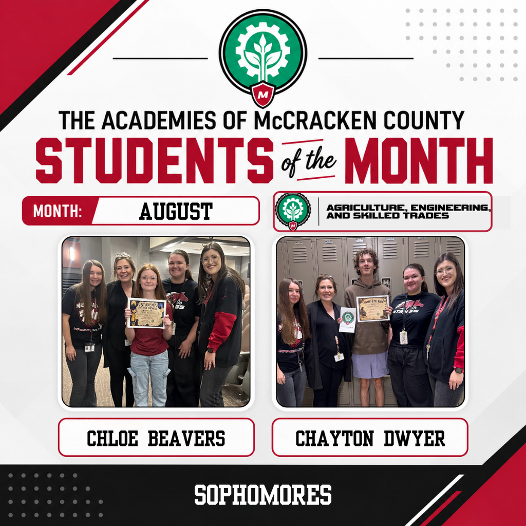 🌟 Academy Students of the Month! 🌟 Next up, we’re celebrating our outstanding students from the Academy of Agriculture, Engineering, and Skilled Trades! 🛠️🌱⚙️ These Mustangs were recognized for their hard work, leadership, positive attitude, and commitment to making their academy stronger. 🎉 Congratulations to our honorees! 10th Grade: Chloe Beavers & Chayton Dwyer 11th Grade: Anna Hammonds & Holden Hagan 12th Grade: Amelia Hutchinson & Chris Luciano