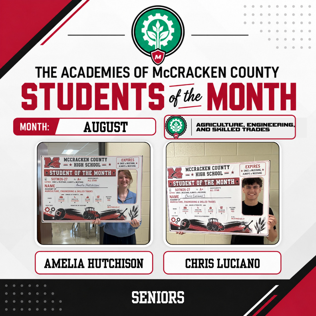 🌟 Academy Students of the Month! 🌟 Next up, we’re celebrating our outstanding students from the Academy of Agriculture, Engineering, and Skilled Trades! 🛠️🌱⚙️ These Mustangs were recognized for their hard work, leadership, positive attitude, and commitment to making their academy stronger. 🎉 Congratulations to our honorees! 10th Grade: Chloe Beavers & Chayton Dwyer 11th Grade: Anna Hammonds & Holden Hagan 12th Grade: Amelia Hutchinson & Chris Luciano
