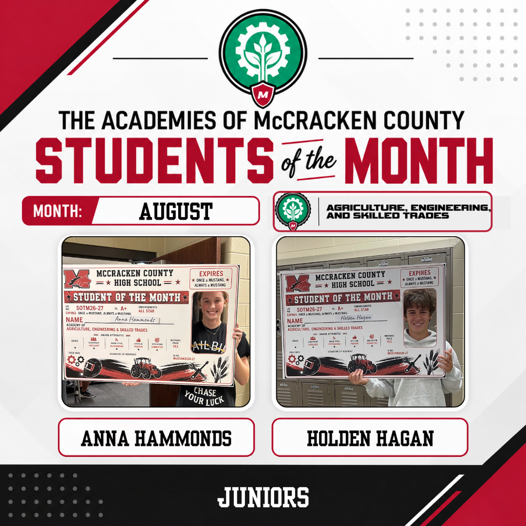 🌟 Academy Students of the Month! 🌟 Next up, we’re celebrating our outstanding students from the Academy of Agriculture, Engineering, and Skilled Trades! 🛠️🌱⚙️ These Mustangs were recognized for their hard work, leadership, positive attitude, and commitment to making their academy stronger. 🎉 Congratulations to our honorees! 10th Grade: Chloe Beavers & Chayton Dwyer 11th Grade: Anna Hammonds & Holden Hagan 12th Grade: Amelia Hutchinson & Chris Luciano