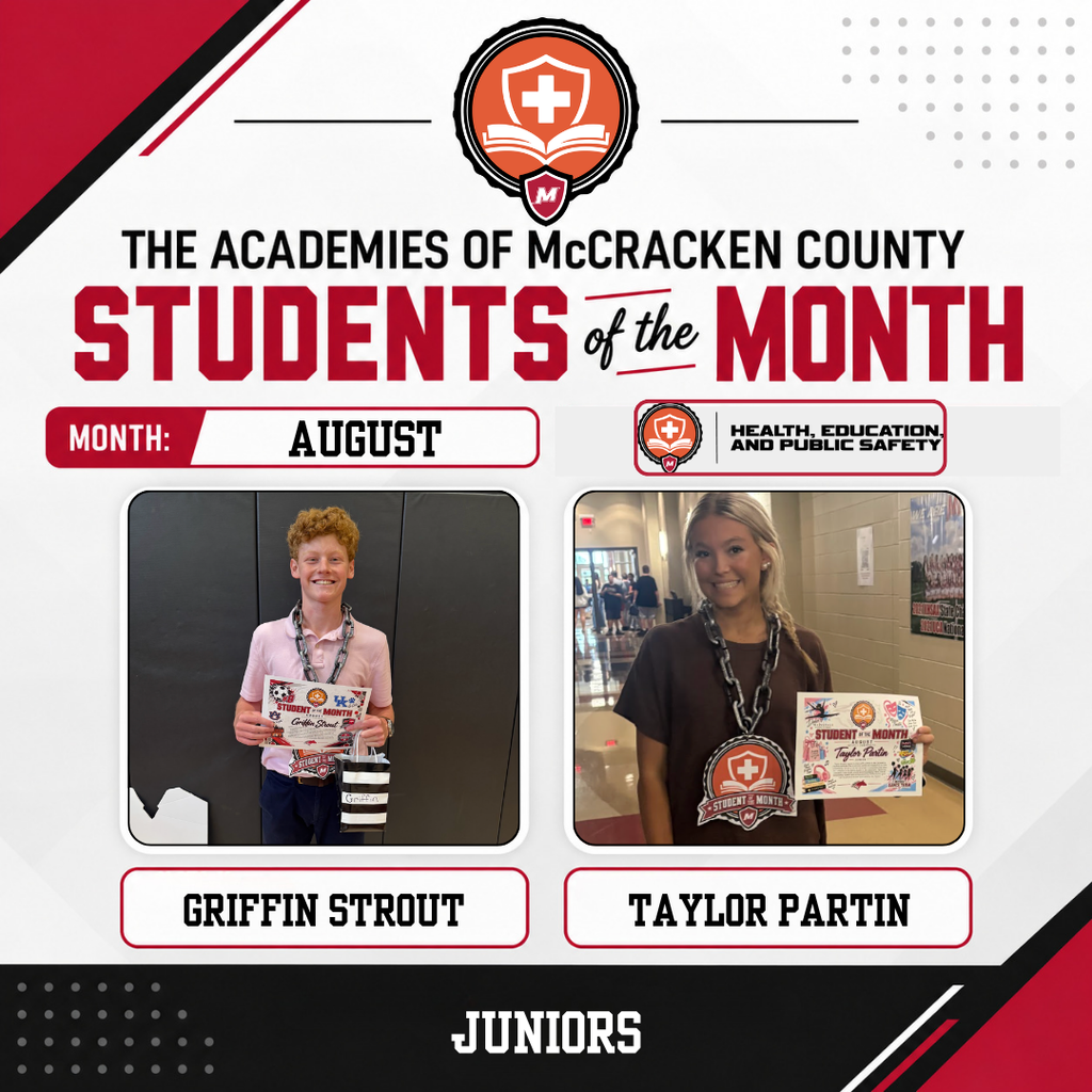 We’re continuing our celebration of our August Academy Students of the Month with the Academy of Health Science, Education, and Public Safety! These Mustangs were recognized for their hard work, leadership, positive attitude, and the way they represented their academy during the first month of school. 👏 Congratulations to our August honorees: 10th Grade: Lucy Farmery & Collin Mitchell 11th Grade: Taylor Partin & Griffin Strout 12th Grade: Charlee Taylor & Jewelious Farmer