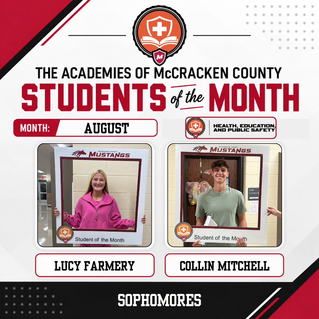 We’re continuing our celebration of our August Academy Students of the Month with the Academy of Health Science, Education, and Public Safety! These Mustangs were recognized for their hard work, leadership, positive attitude, and the way they represented their academy during the first month of school. 👏 Congratulations to our August honorees: 10th Grade: Lucy Farmery & Collin Mitchell 11th Grade: Taylor Partin & Griffin Strout 12th Grade: Charlee Taylor & Jewelious Farmer