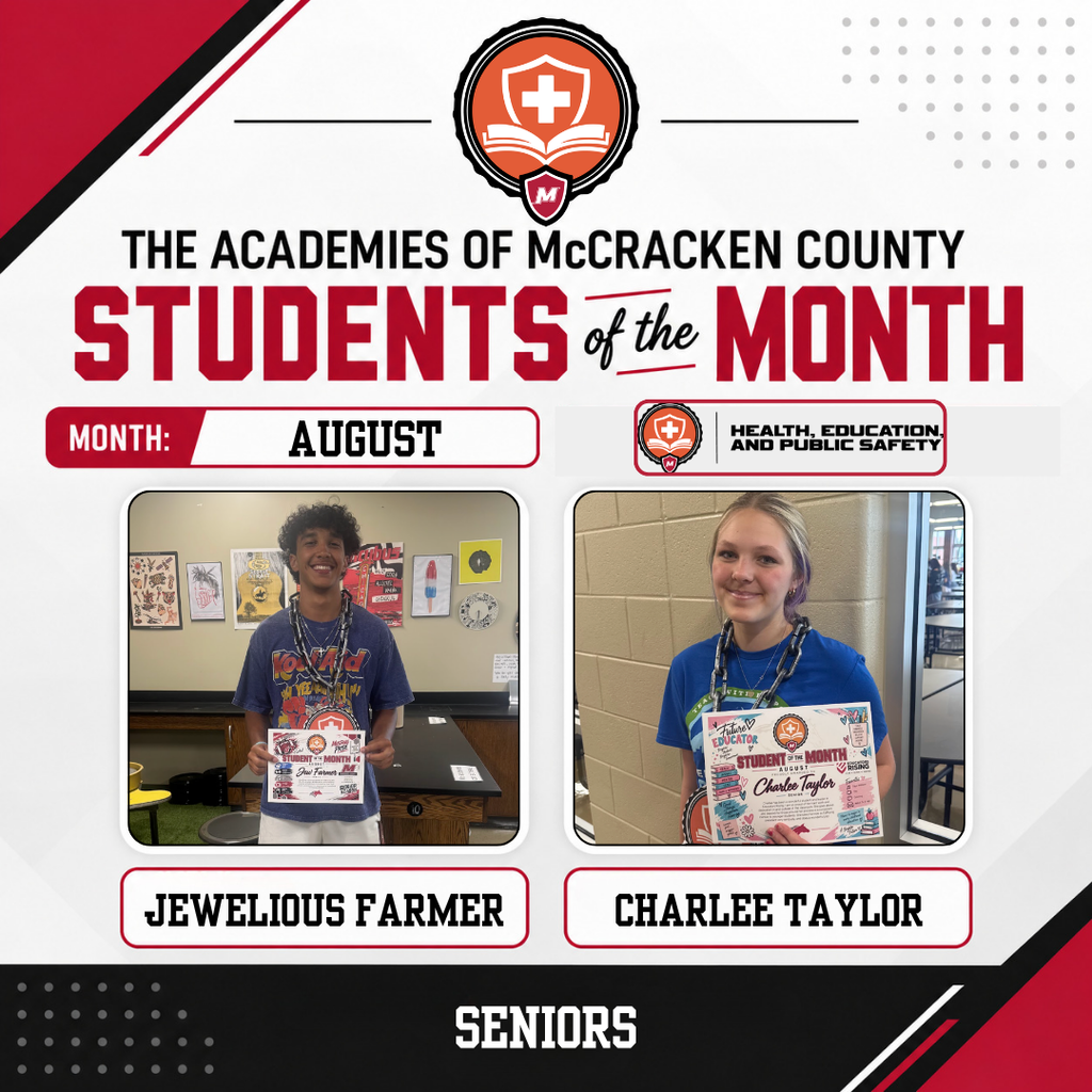 We’re continuing our celebration of our August Academy Students of the Month with the Academy of Health Science, Education, and Public Safety! These Mustangs were recognized for their hard work, leadership, positive attitude, and the way they represented their academy during the first month of school. 👏 Congratulations to our August honorees: 10th Grade: Lucy Farmery & Collin Mitchell 11th Grade: Taylor Partin & Griffin Strout 12th Grade: Charlee Taylor & Jewelious Farmer