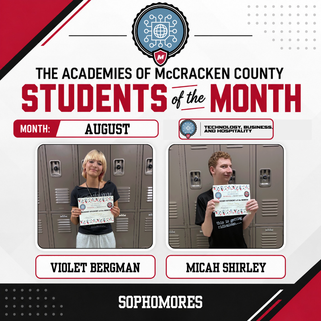 We’re wrapping up our August Academy Students of the Month by celebrating the outstanding students from the Academy of Technology, Business, and Hospitality! Congratulations to our August honorees: ⭐ 10th Grade: Violet Bergman & Micah Shirley ⭐ 11th Grade: Chloe Dalton & Desmond Hill ⭐ 12th Grade: Izzy Bonnell & Sam Lynn We’re proud to recognize these Mustangs for the hard work, leadership, positive attitude, and commitment they bring to their Academy and our school community. Congratulations, Mustangs!