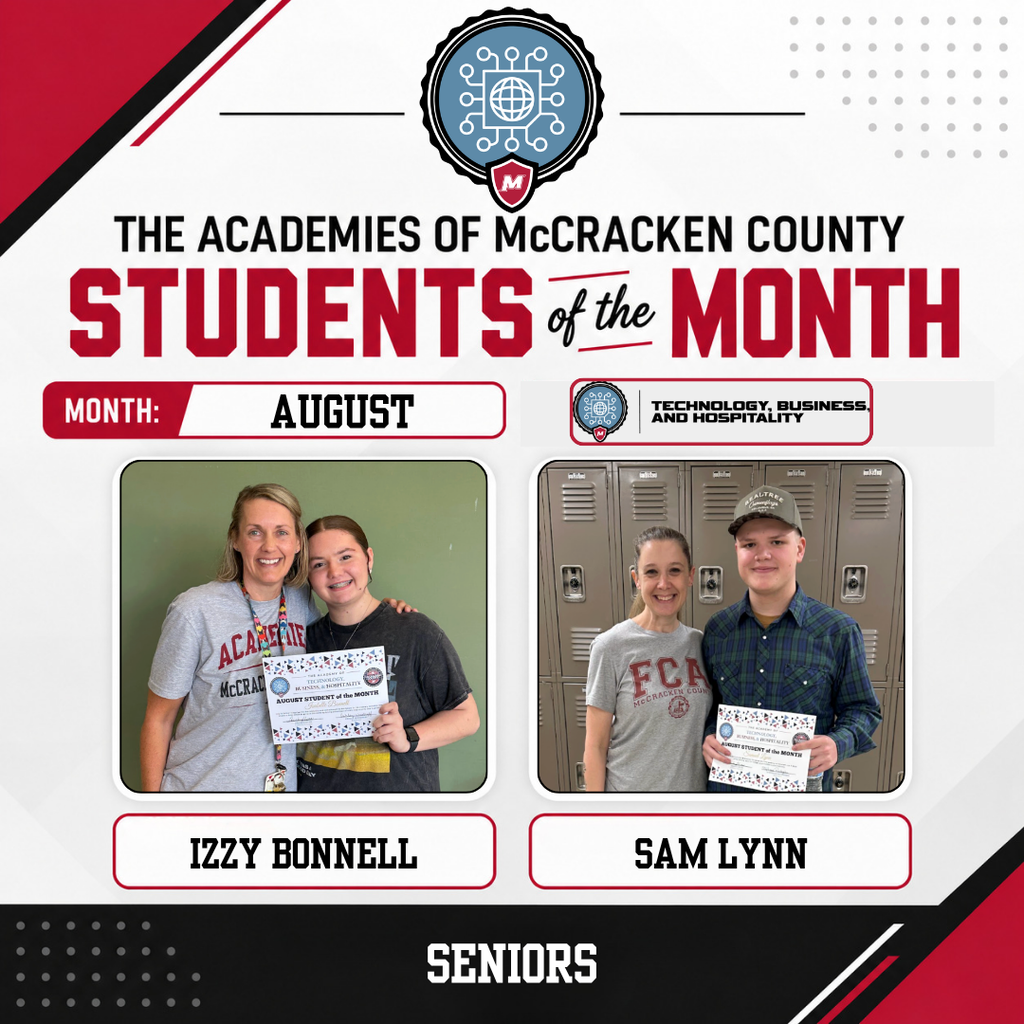 We’re wrapping up our August Academy Students of the Month by celebrating the outstanding students from the Academy of Technology, Business, and Hospitality! Congratulations to our August honorees: ⭐ 10th Grade: Violet Bergman & Micah Shirley ⭐ 11th Grade: Chloe Dalton & Desmond Hill ⭐ 12th Grade: Izzy Bonnell & Sam Lynn We’re proud to recognize these Mustangs for the hard work, leadership, positive attitude, and commitment they bring to their Academy and our school community. Congratulations, Mustangs!