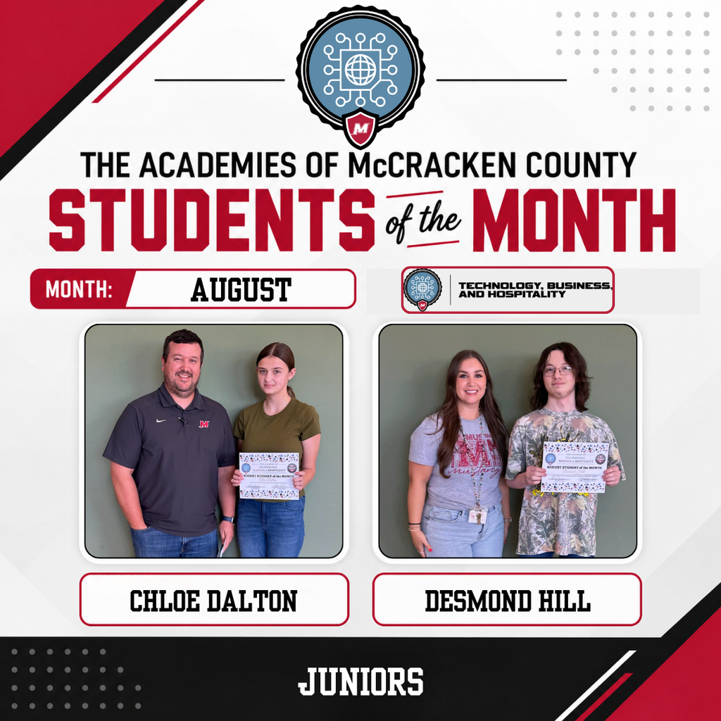 We’re wrapping up our August Academy Students of the Month by celebrating the outstanding students from the Academy of Technology, Business, and Hospitality! Congratulations to our August honorees: ⭐ 10th Grade: Violet Bergman & Micah Shirley ⭐ 11th Grade: Chloe Dalton & Desmond Hill ⭐ 12th Grade: Izzy Bonnell & Sam Lynn We’re proud to recognize these Mustangs for the hard work, leadership, positive attitude, and commitment they bring to their Academy and our school community. Congratulations, Mustangs!