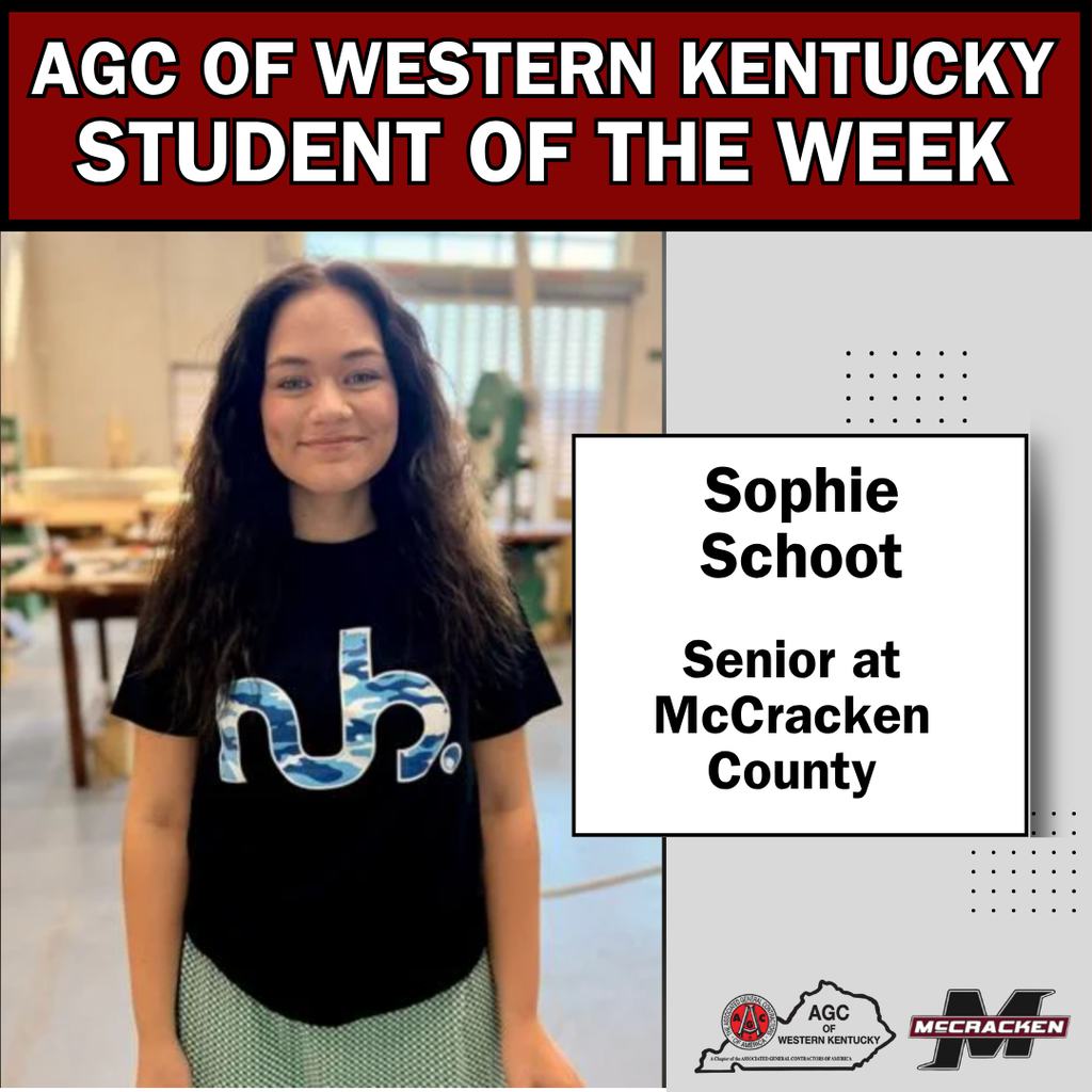 👏 Congratulations to MCHS senior Sophie Schoot, named the Associated General Contractors of Western Kentucky’s Technical Centers Student of the Week! Sophie is completing the carpentry program at the Paducah Area Technology Center, where she has stood out for her work ethic, problem-solving skills, and willingness to learn. She also earned first place in a SkillsUSA cabinetmaking and design competition! After graduation, Sophie plans to double major in business and construction management, with hopes of managing large construction projects and eventually starting her own business. We are proud of you, Sophie!