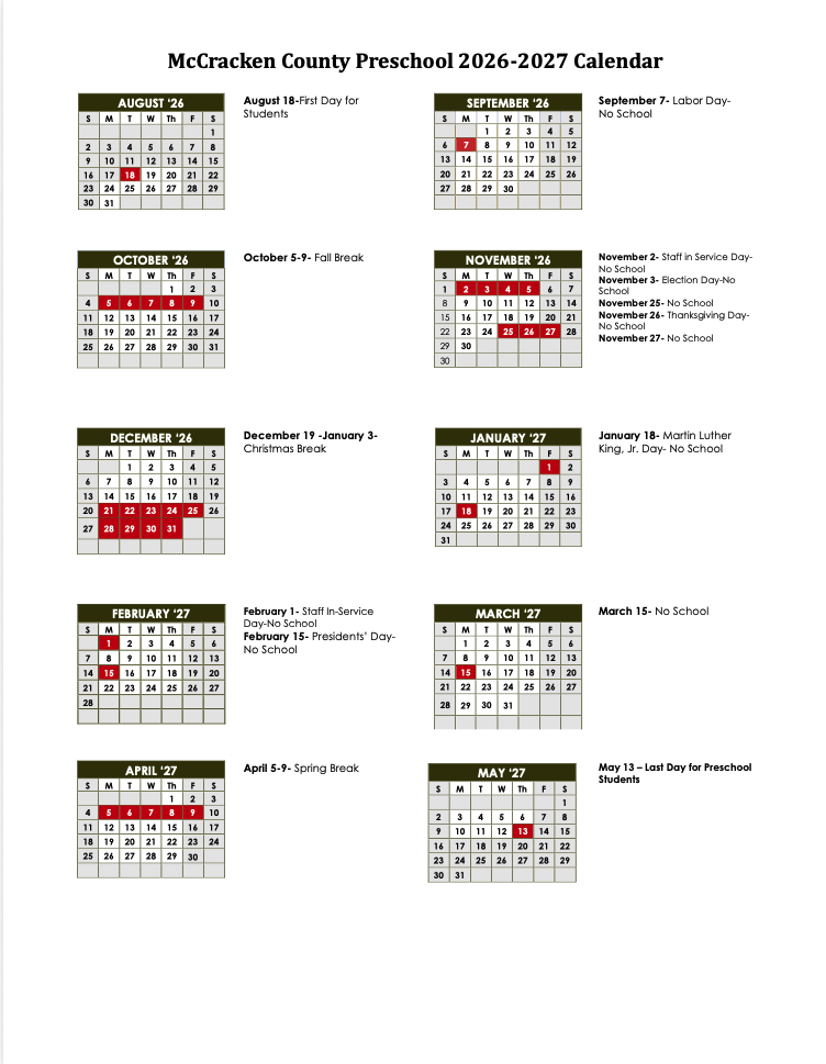 Preschool calendar