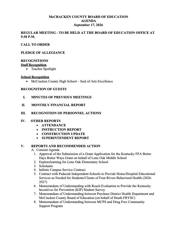 Board of Education September Special Meeting