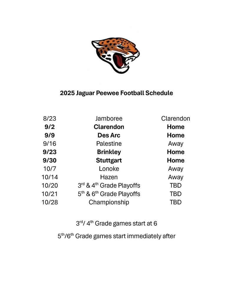 2025 Jaguar Peewee Football Schedule