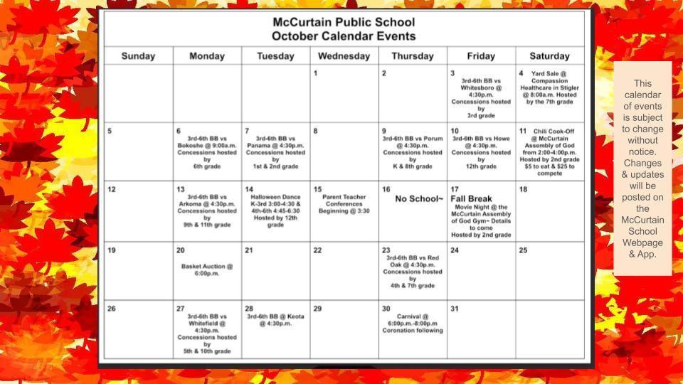 McCurtain School Oct Events Calendar