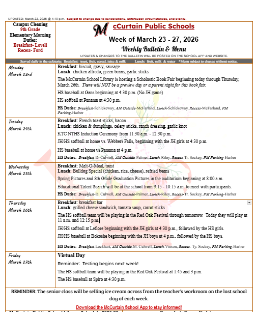 snip of bulletin/menu for 3/23 to 3/27