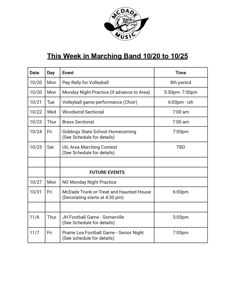 band schedule this week