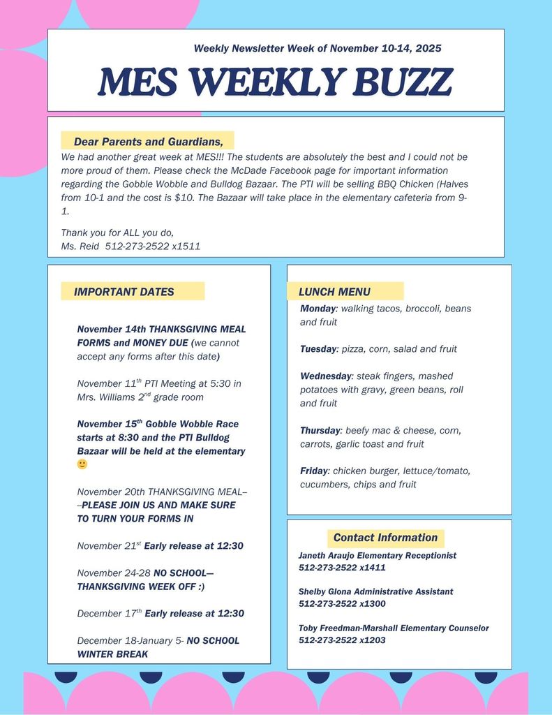 Weekly Newsletter for week of November 10th