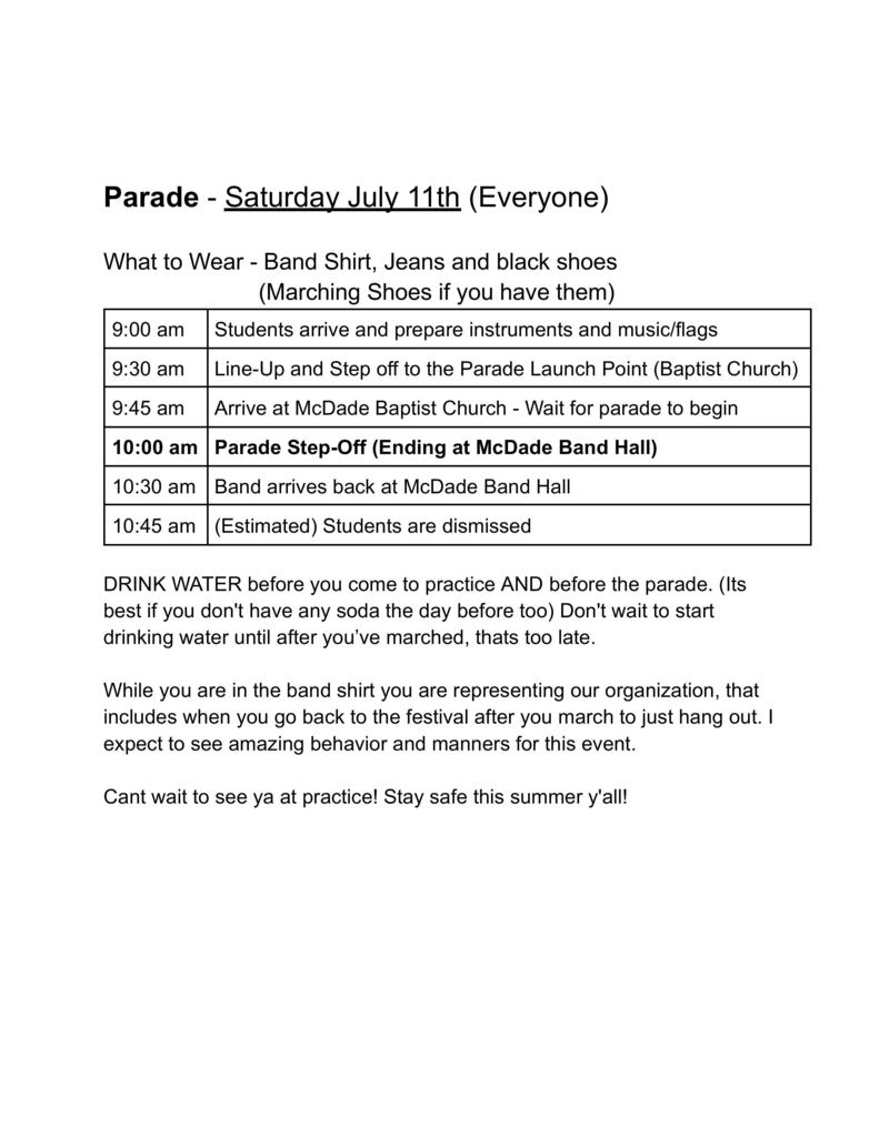 Parade schedule 2