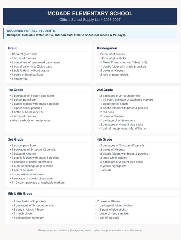 26-27 MES SCHOOL SUPPLY LIST