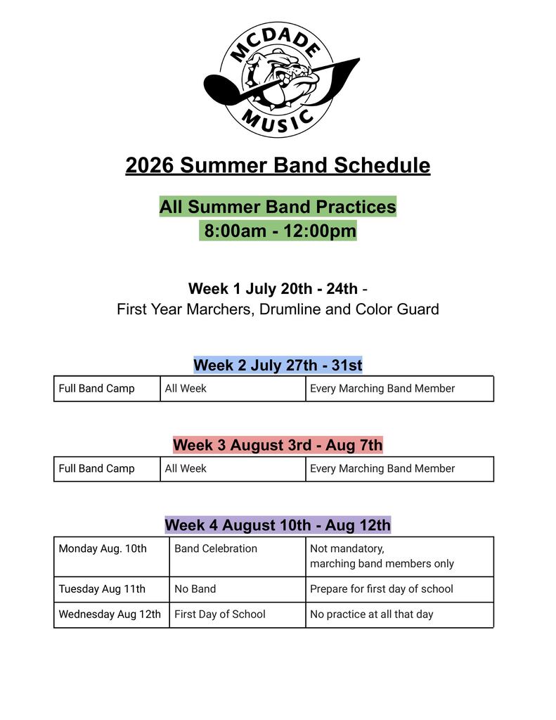 summer band scedule