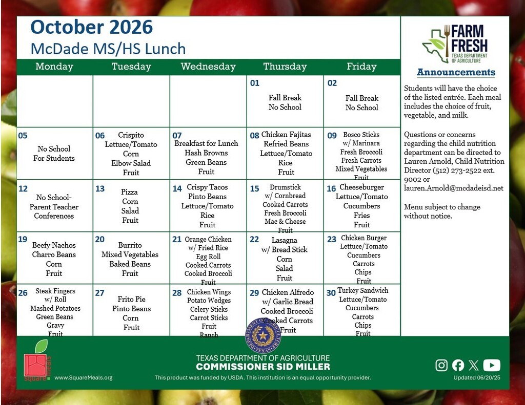 MS/HS Lunch Oct