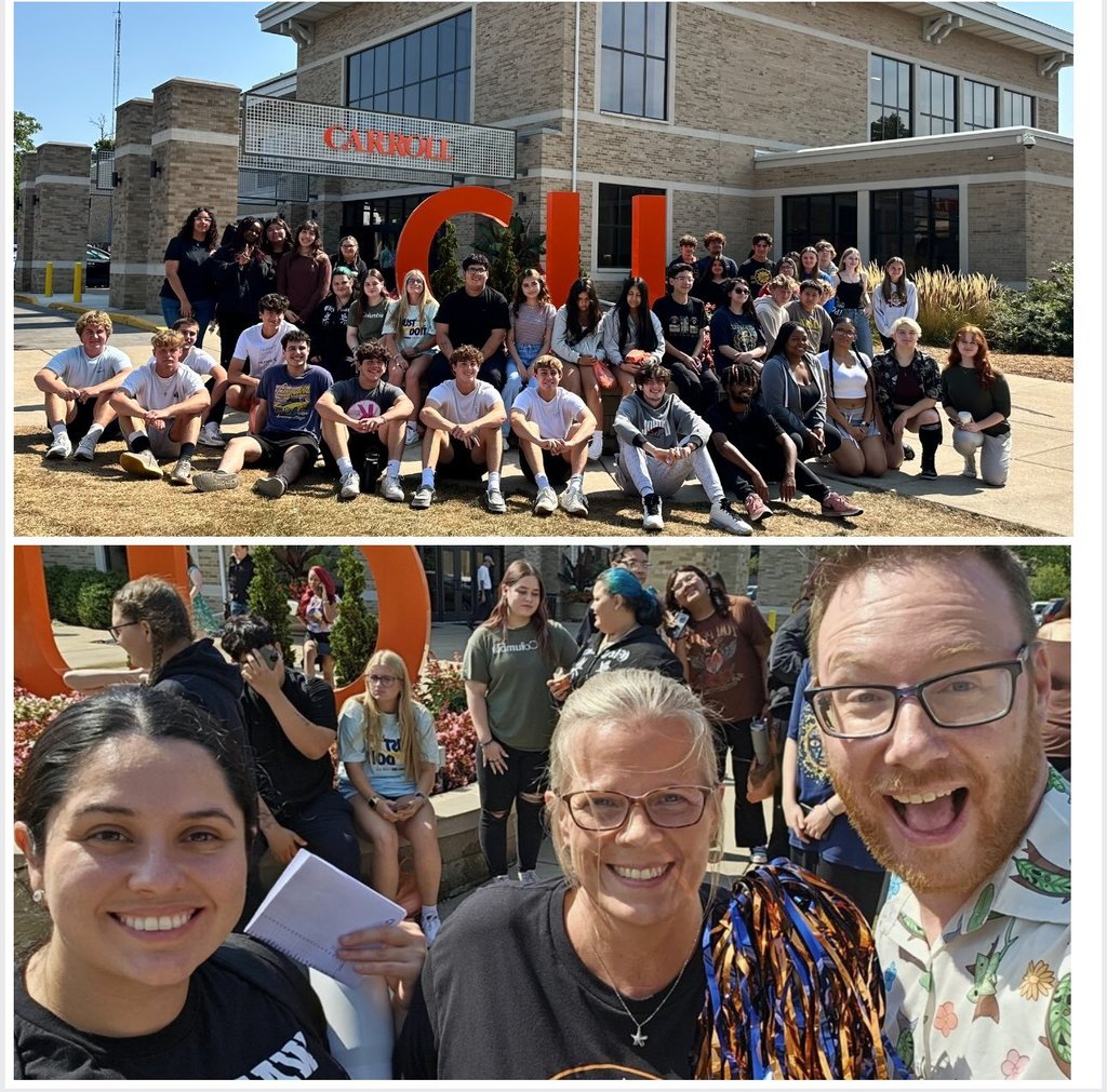 Students in front of Carroll University. Counselors taking a selfie in front of Carroll University