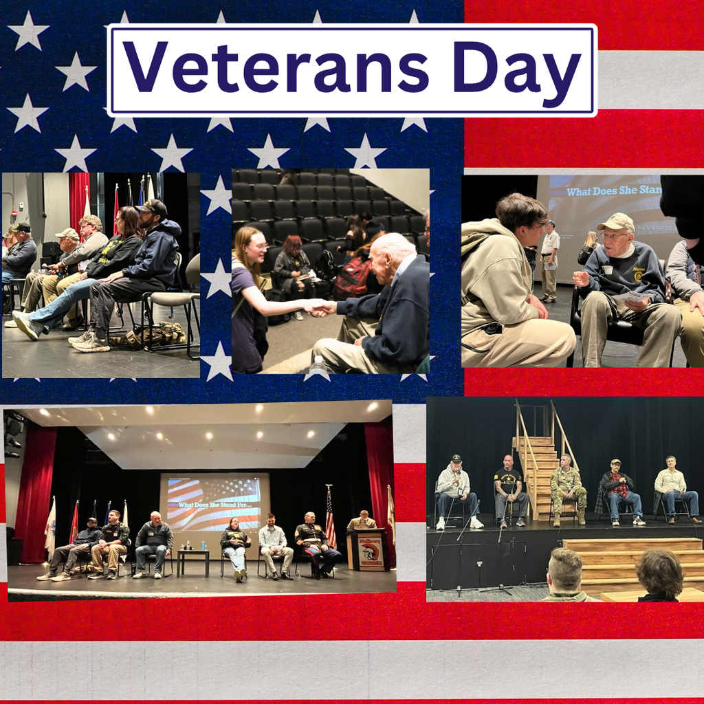 Veterans Day photo collage from various years of veterns programming at Mchenry High School. Veterns shaking a student's hand. Veteran talking to a student. Veteran panel on stage
