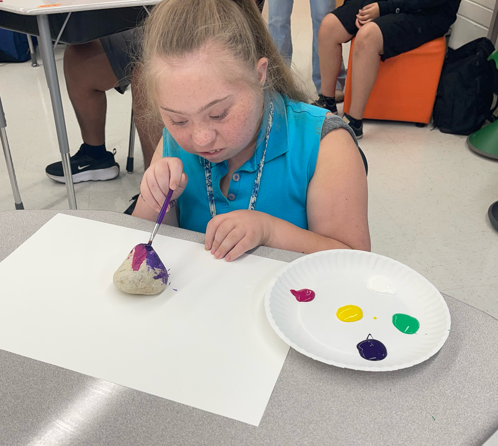 Student painting a rock