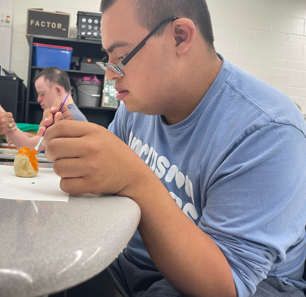 Student painting a rock 