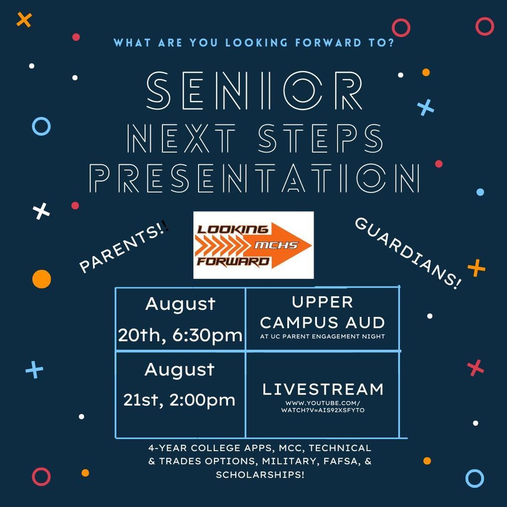 What are you looking forward to? Senior next steps presentation Parents Guardians looking forward MCHS.August 20, 6:30 p.m. at Upper Campus Auditorium at Upper Campus Parent Engagement Night.  August 21, 2 p.m. Livestream. 4-year college apps, MCC, technical and trades options, military, FAFSA and scholarships!