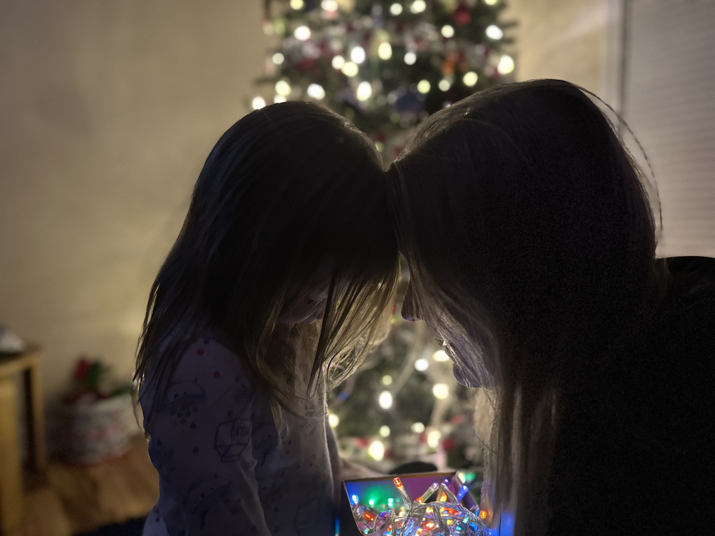 Adult with heads face against a young child as they hold a set of Christmas lights, Christmas tree in background